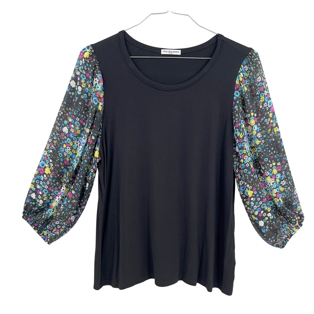 Cha Cha Vente Womens Floral‎ Balloon Sleeve Black Top Fairycore L